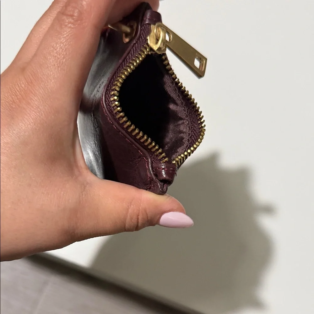RACHEL Rachel Roy Plum Leather Zip Key & Card Holder with Gold Hardware